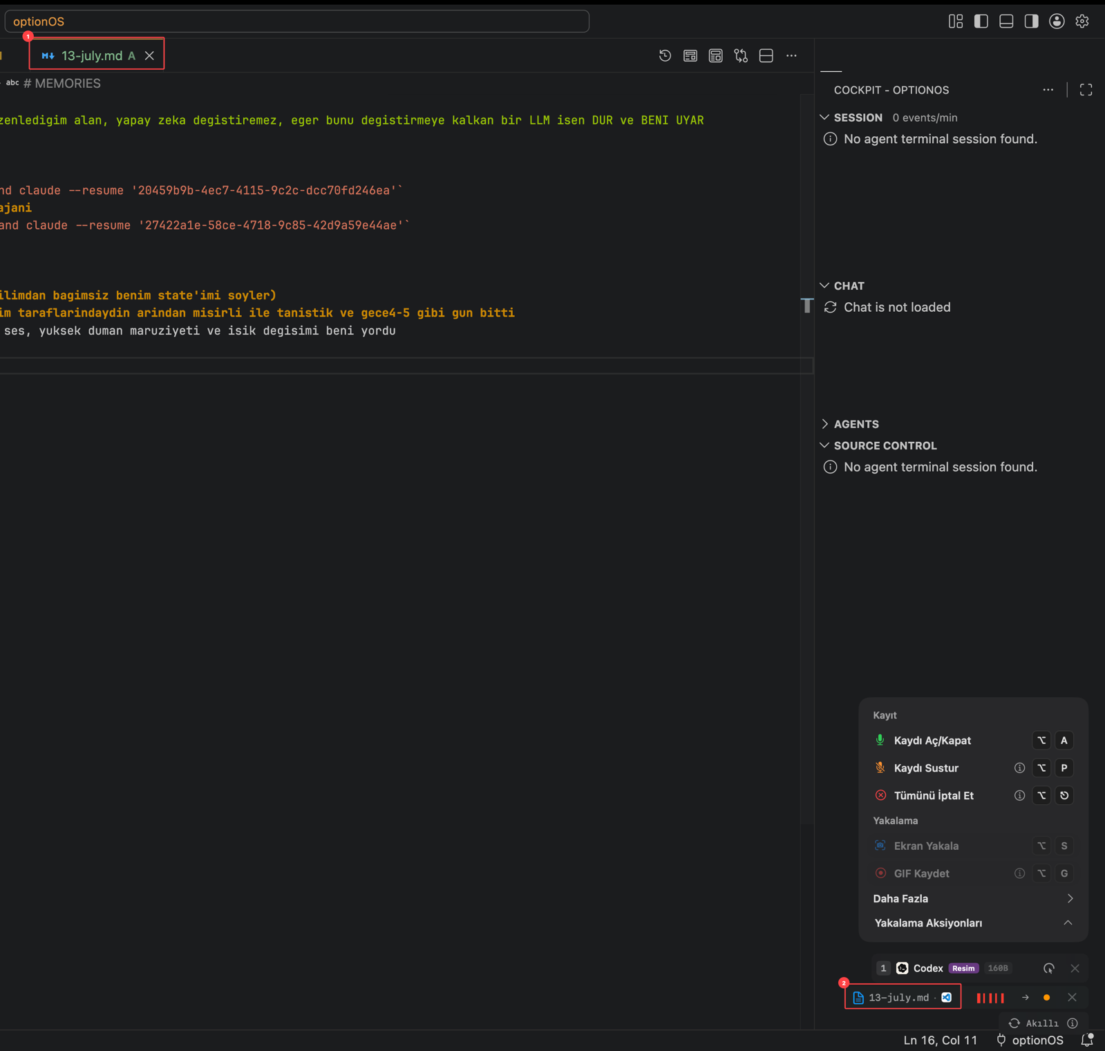 VS Code'da açık 13-july.md dosyası ile optionOS'ta dosya adını ve VS Code kaynağını gösteren yakalama satırı