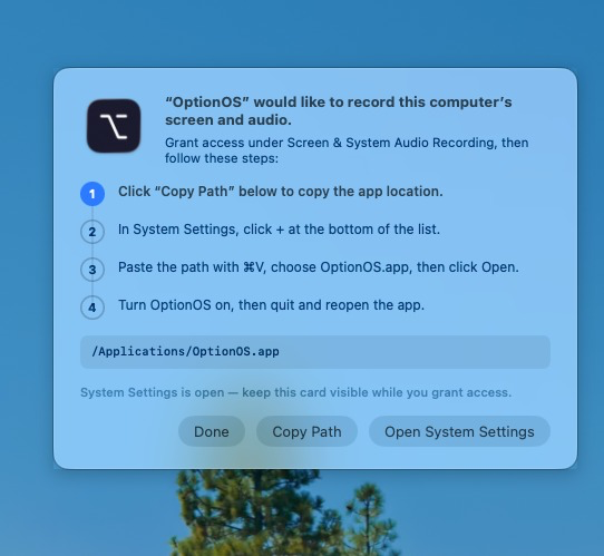 One guide card showing four screen-recording permission steps, the OptionOS app path and the System Settings action