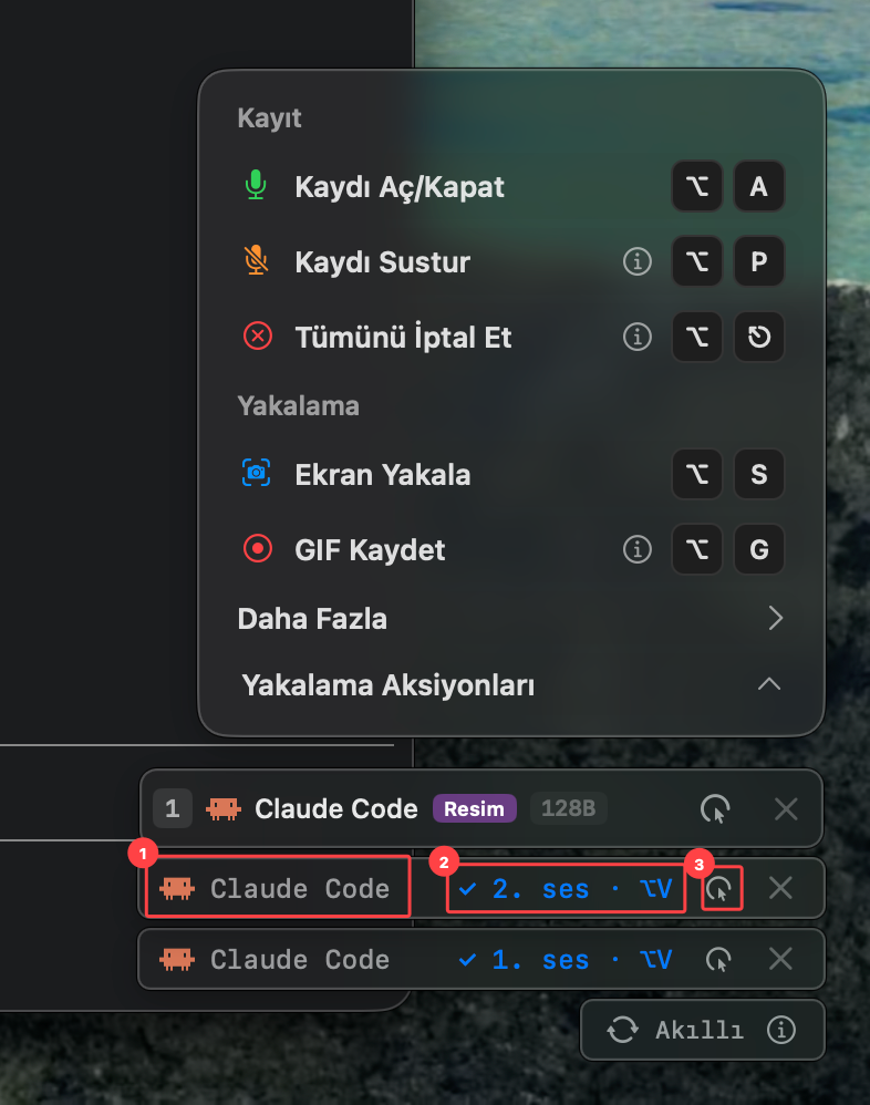 The optionOS bar showing a Claude Code terminal agent, separate voice 1 and voice 2 rows, and the voice editing action