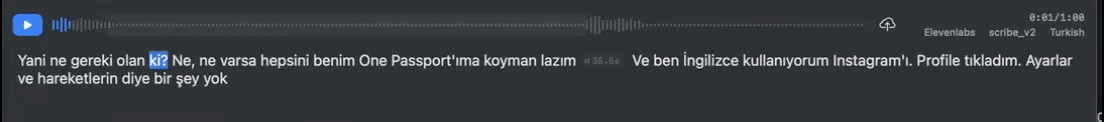 optionOS transkript oynatıcısında o anda duyulan kelimeyi takip eden mavi vurgu