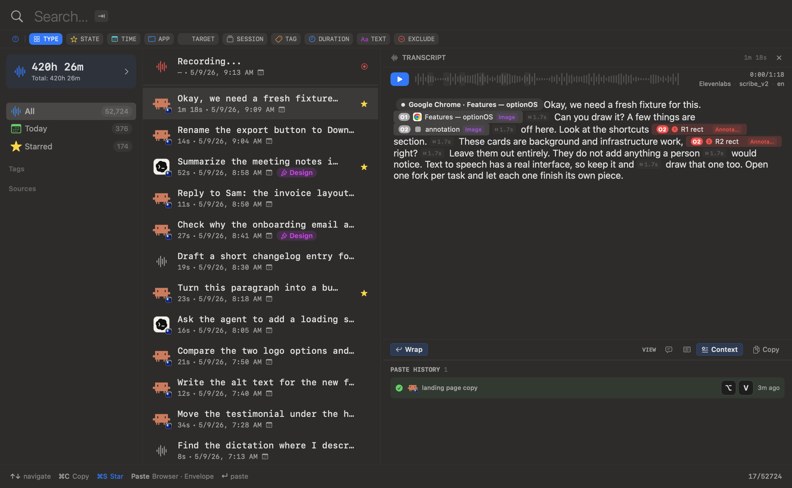 Dictation history panel with paste history