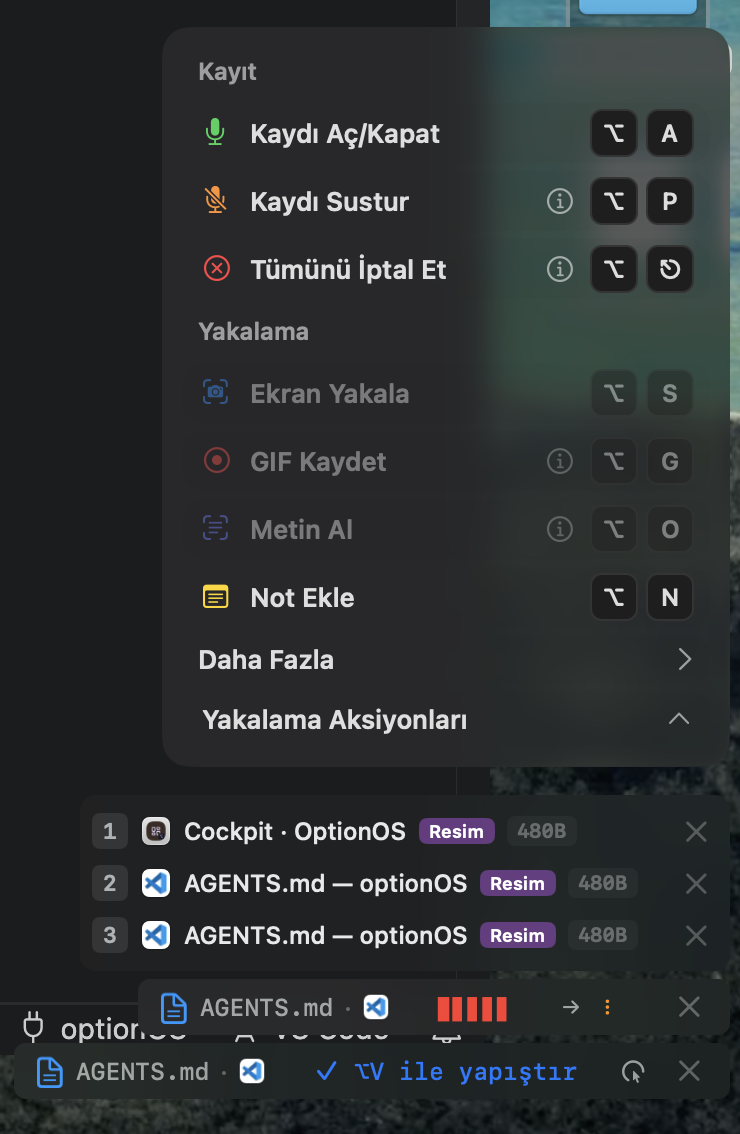 Quick Actions capture menu, growing item stack, live waveform, and pending recordings
