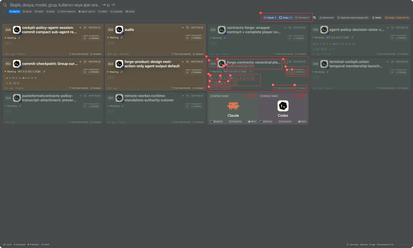 Cockpit terminal filters, expanded agent card, conversation and file-change summaries, and session actions