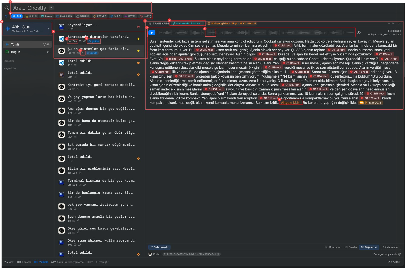 Dictation Browser recording list, durations and tags, related conversations, audio playback, and search suggestions