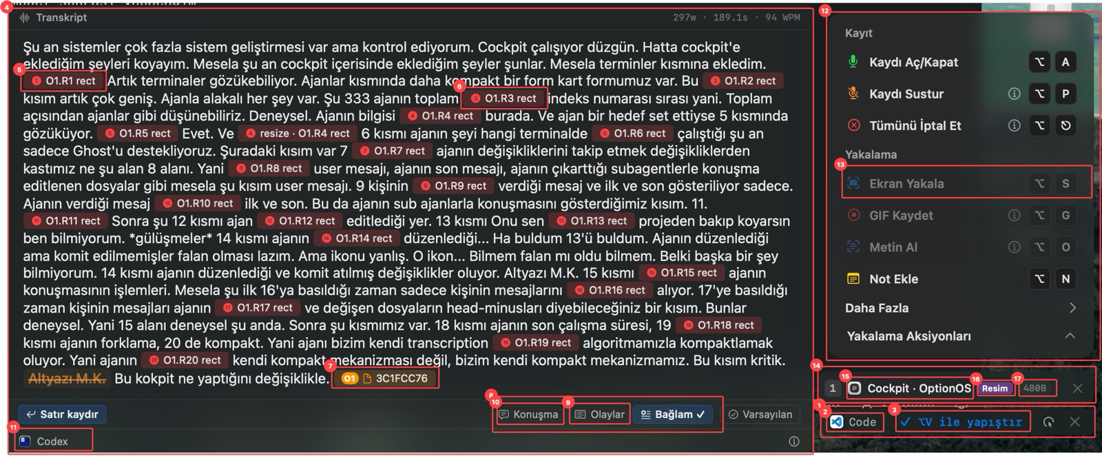 Live Dictation flow with transformed speech, visual references, Quick Actions, and the captured-item stack