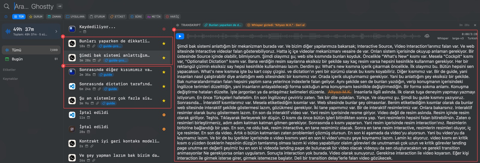 Five starred voice recordings and the single AI prompt assembled from those spoken recordings